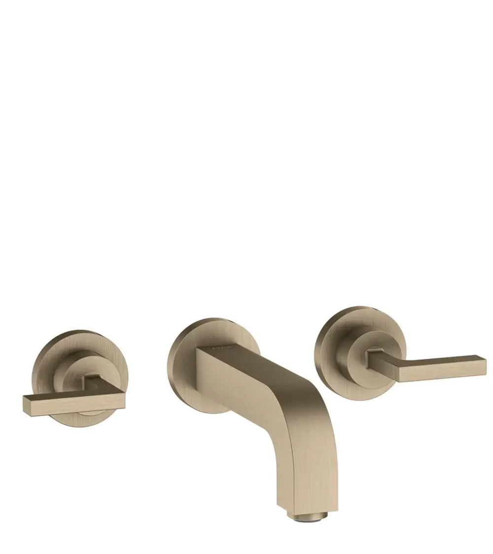 AXOR Wandmontage-Waschtischarmatur mit zwei Hebelgriffen und gebürstetem Nickel-Finish, bestehend aus Waschtischauslauf und zwei Wandrosetten.
